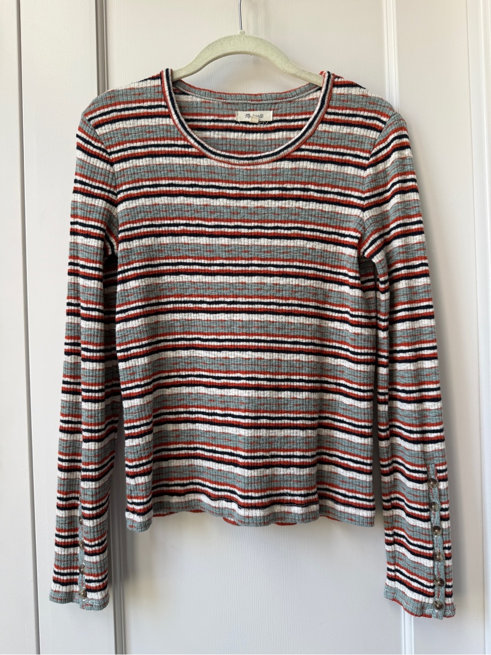 Button-Sleeve Ribbed Long-Sleeve Tee in Elsie Stripe (Sage, Rust, & Black)